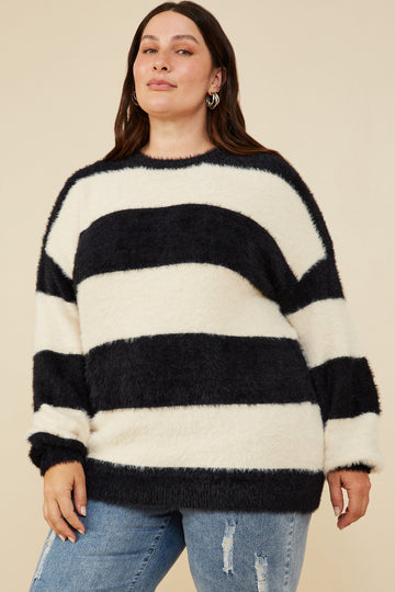 HY8336 Ivory/Black Womens Fuzzy Striped Pullover Sweater Front